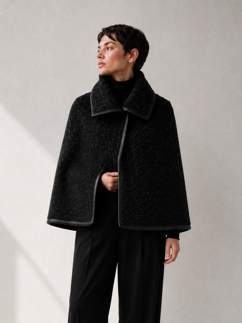 Ports 1961 Black Knit Cape | Leather Trim | structured collar